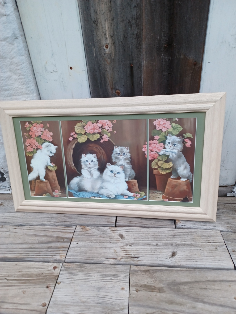 Cream-Framed Kitten Triptych Wall Art - Floral Accents Made By COBY